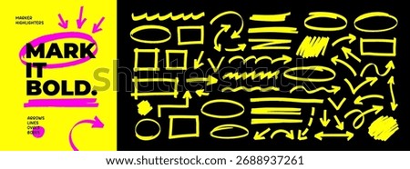 Yellow marker highlight set. Underlines, emphasis elements and arrows for hand drawn notes and text design. Vector bold marker strokes, ovals and rectangle frames. Hand drawn highlighters.