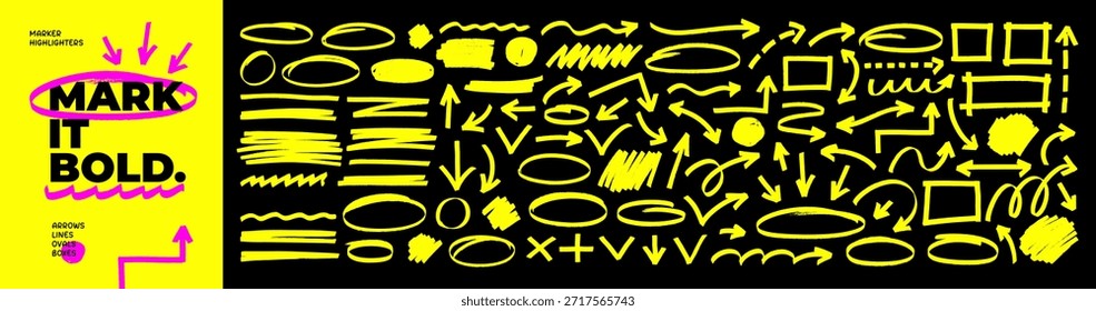 Gelbe Marker-Textmarker. Satz von Pfeilen, Ovalen und Unterstrichen. Betonungsform für Textdesign und handgezeichnete Notizen. Textmarker Stift, gelber Marker, fette Unterstreichungen und Striche.
