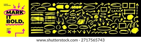 Yellow marker highlighters. Set of arrows, ovals and underlines. Emphasis shape for text design and hand drawn notes. Text highlighter pen, yellow marker, bold underlines and strokes.