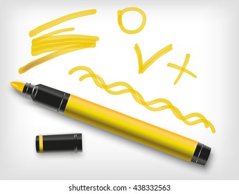 yellow marker pen, check sign, plus, line.Vector highlighter illustration
