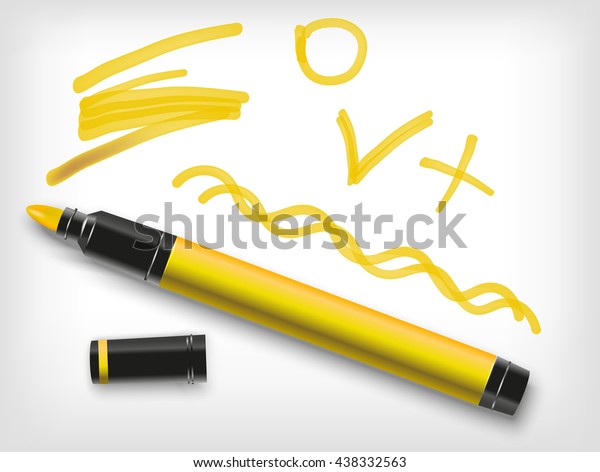 黄色のマーカーペン チェックマーク プラス 線 ベクター蛍光ペン