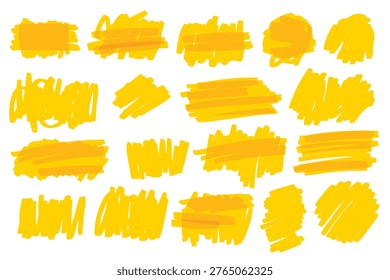 Yellow marker scribbles set isolated on white background. Hand drawn brush strokes, highlight shapes and vibrant doodles for banners, text emphasis, stickers and modern design elements
