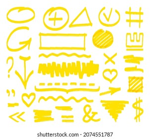 Yellow marker strokes. Highlighter scribble, highlighting text and marks. Vibrant direction arrow, stripes and signs. Pen notes element decent vector set