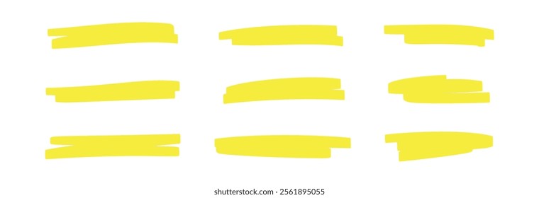 Yellow marker strokes set with brush texture for highlighting text. Doodle underline or box elements. Flat vector illustration isolated on white background.