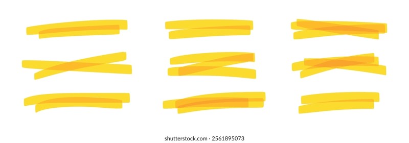 Yellow marker strokes set with brush texture for highlighting text. Doodle underline or box elements. Flat vector illustration isolated on white background.