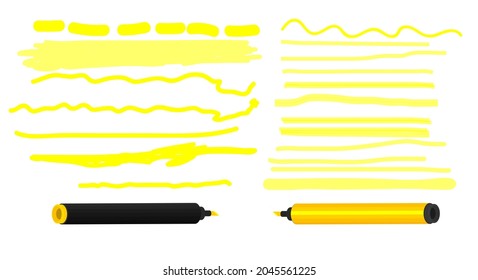 Gelber Marker zum Unterstreichen, Hervorheben von Text. Linien, durchsichtig, Kurven, flache Linien. Vektorgrafik, flaches Cartoon-Design, einzeln auf weißem Hintergrund, EPS10.