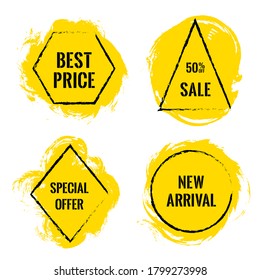Yellow marketing banners for summer sale. Advertising banners with geometric borders, brush stroke background. Sale label, special offer tag, new arrival, best price advert sign.