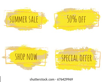 Yellow marketing banners vector collection. Advertising labels with hand painted watercolor brush stroke splashes and text. Summer sale, 50% off, special offer tags, shop now advert sign design.