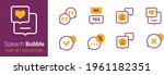 Yellow and maroon color set of speak bubble text, chatting box, message box outline cartoon vector illustration design. Balloon doodle style of thinking sign symbol.