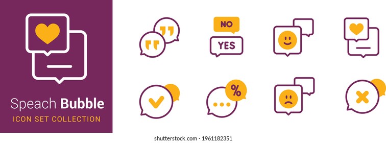 Yellow and maroon color set of speak bubble text, chatting box, message box outline cartoon vector illustration design. Balloon doodle style of thinking sign symbol.