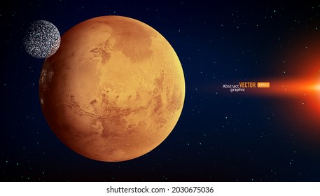 The yellow Mars is suspended in the dark sky. Abstract vector technology astronomy business background.