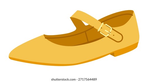 Amarelo Mary Jane sapato liso mulheres liso. Calçado de dedo apontado da frente da correia para roupa de primavera guarda-roupa brincalhão. Ilustração de moda técnica CAD maquete vetor liso homem unisex isolado estilo moderno.