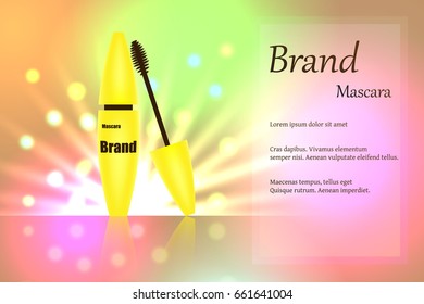 Yellow mascara brush for eyelashes for eye makeup on delicate multi-colored background with bright spots of light. Advertising, text, poster, banner, catalogue. Realistic 3D vector illustration