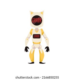 El personaje robot mascota amarilla con orejas del gato da un mensaje de error estilo plano, ilustración vectorial aislada en fondo blanco. Tecnologías informáticas modernas, robot de moda