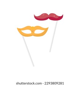 Yellow mask and brown mustache on sticks for photo in booth vector illustration. Cartoon funny carnival glasses, costumes for photobooth, accessory and paper mask decoration for fun masquerade