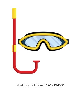 Yellow mask for swimming with a red tube. Vector illustration on white background.