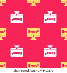 Yellow Math system of equation solution on computer monitor icon isolated seamless pattern on red background. E equals mc squared equation on computer screen.  Vector