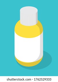 Yellow matte plastic bottle with screw cap and a white label for medicine, tablets, pills and liquid. Medicine, pharmacy concept. Container for medicament. Vial concept for special medical recipe