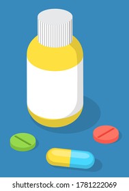 Yellow matte plastic bottle with screw cap and a white label for medicine, tablets, pills and liquid. Medicine, pharmacy concept. Container for medicament. Round and long multicolored tablets set