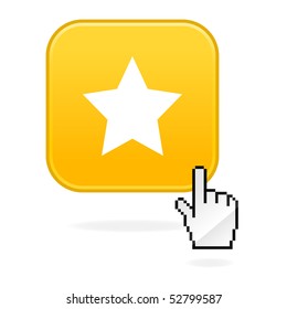 Yellow matted button with star symbol and cursor hand on white