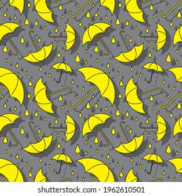 Yellow mbrellas and raindrop on grey background seamless pattern. Vector illustration.