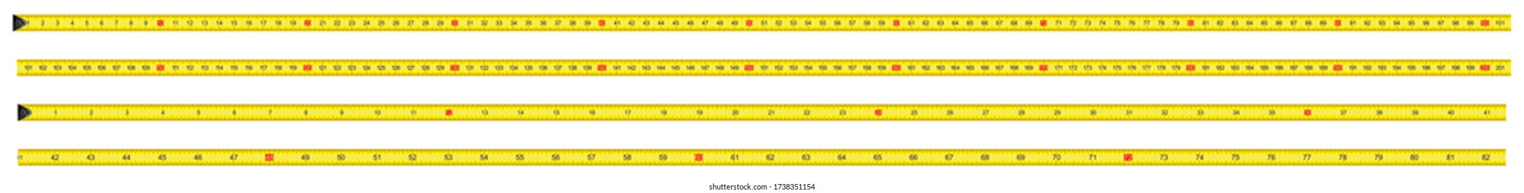 Yellow Measure Tape. Centimeter and Inch. Dual Scale. Ruler measuring tapes. Vector long tape set for measure, inches and metric meters. Measure Tool Equipment Several Variants, Proportional Scaled.