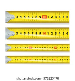 Yellow Measure Tape Vector. Centimeter And Inch. Measure Tool Equipment Illustration Isolated On White Background. Several Variants, Proportional Scaled.