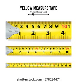 Yellow Measure Tape Vector. Centimeter And Inch. Measure Tool Equipment Illustration Isolated On White Background. Several Variants, Proportional Scaled.