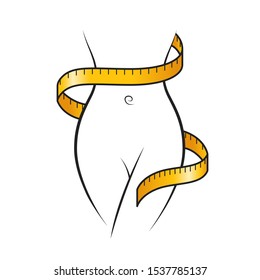 Yellow measure tape wraps around woman outline slim body icon