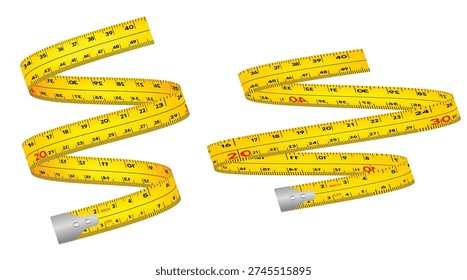 Yellow measuring tape set isolated on transparent background