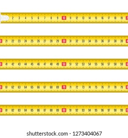 Yellow Measuring tape for tool roulette or ruler. Tape measure template in centimeters. Tapes meter set isolated on white background. Vector illustration in realistic style. EPS 10.