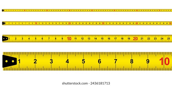 Yellow measuring tape. Working tapeline. tape measure, ruler metric measurement. Millimeter, centimeter, meter. Metric ruler mm, cm or m scale. School equipment icon. Tools sign