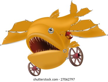 yellow mechanical fish on wheels with a lamp