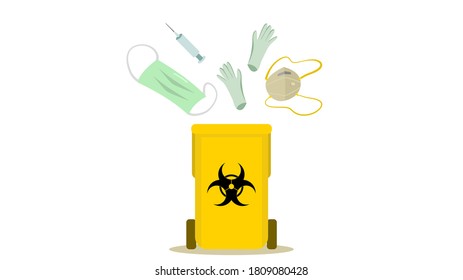 Yellow medical waste bin with medical mask, N-95 respirator, gloves, medical syringe and needle. Medical waste and waste segregation concept. Vector illustration, flat design