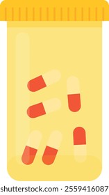 Yellow medication bottle containing red and white capsules, typically used for storing antibiotics and other medicines.