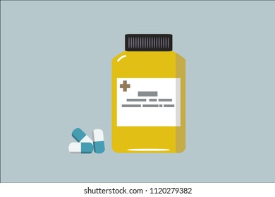 yellow medicine bottle with a group of tablet ,Vector medicine bottle. Flat design of medicine bottle with a group of pills. pharmaceutical sign symbol, medicine drug icon