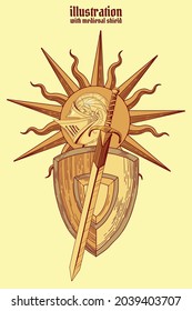  yellow medieval shield with artistic strokes with helmet and sun