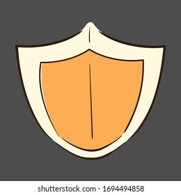 Gelber mittelalterlicher Schild mit weißen Streifen an den Kanten auf dunklem Hintergrund. Werde ein Schild und schütze deine Lieben vor Gefahr. Vektorillustration flache Cartoon-Illustration.