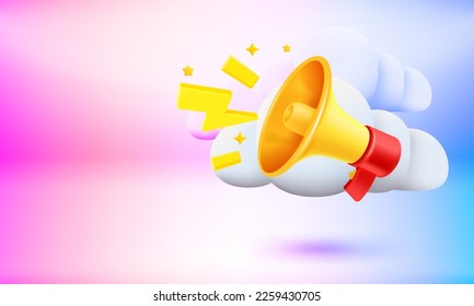 Yellow megaphone with announce. Breaking news concept. 3d vector banner with copy space