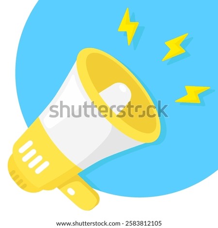 Yellow megaphone with lightning bolts on a blue circle. Vibrant design for announcing promotions, events, and sales in advertising materials.