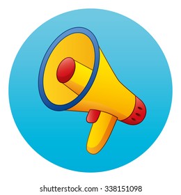 Yellow megaphone on a blue background. Round icon.