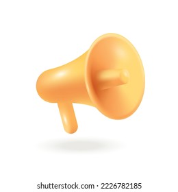 Yellow megaphone with sound horn and handle 3D icon. Loudspeaker for drawing attention to alarm information, news, advertisement 3D vector illustration on white background. Marketing, alert concept