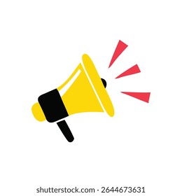 Megafone amarelo com ondas sonoras, simbolizando anúncios, notificações e comunicação barulhenta.