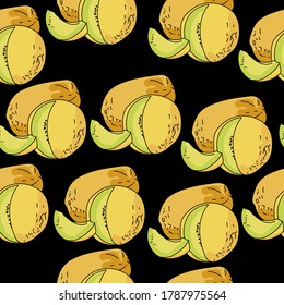 Yellow melon on black background, juice fruit seamless pattern, vector hand draw illustration for design and creativity