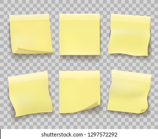 Yellow memo reminder papers. Paper sticky note pieces isolated on transparent, office yellow noticeboard messages, blank post stickies