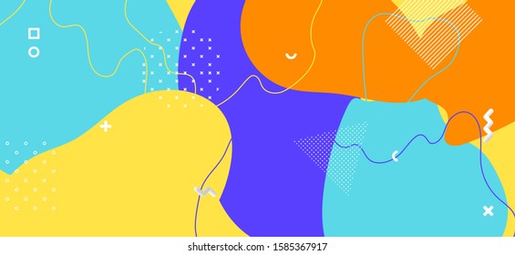 Yellow Memphis Design. Vector Geometric Decoration. Futuristic Fluid Brochure. Multicolor Cool Artwork. Memphis Shapes. Modern Abstract Wallpaper. Colorful Wave Backdrop. Memphis Shape.