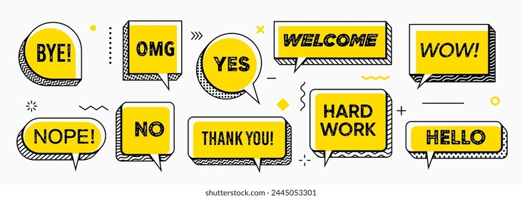 Yellow Memphis speech bubbles isolated vector set. Dialog chat clouds featuring bold lines and grunge typography font words. Bye, nope, omg, no, yes and thank you. Welcome, hard work, wow or hello