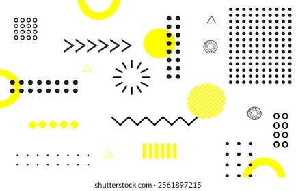 Yellow Memphis Style Background with Geometric Shapes and Abstract Patterns.