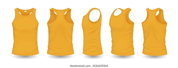 Tampos de tanque homens amarelos com modelo de design conjunto de ilustração vetor realista. Roupas esportivas com espaço para modelos 3d logo no fundo branco