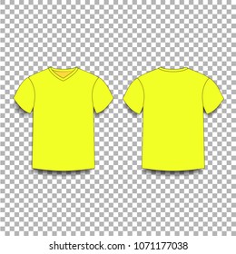 Yellow men's t-shirt template v-neck front and back side views. Vector of male t-shirt wearing illustration isolated on transparent background.